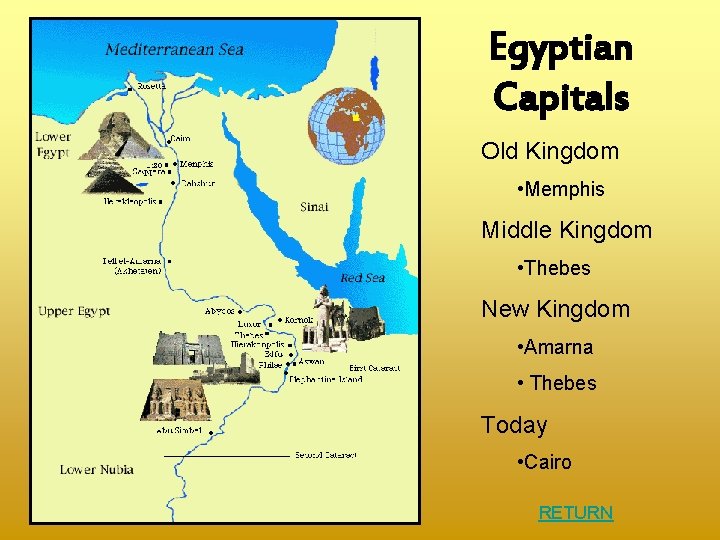 Egyptian Capitals Old Kingdom • Memphis Middle Kingdom • Thebes New Kingdom • Amarna