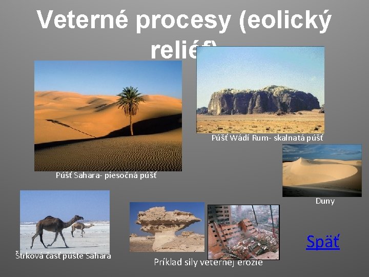 Veterné procesy (eolický reliéf) Púšť Wádí Rum- skalnatá púšť Púšť Sahara- piesočná púšť Duny