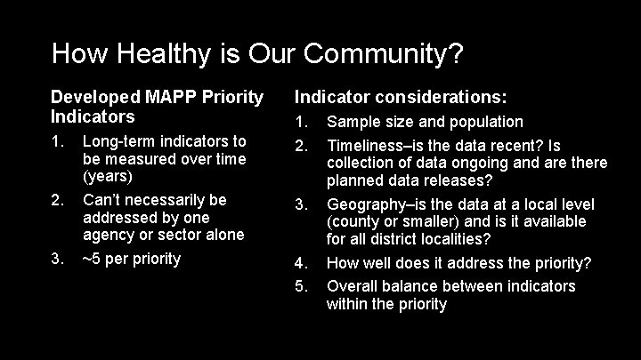 How Healthy is Our Community? Developed MAPP Priority Indicators 1. 2. 3. Long-term indicators
