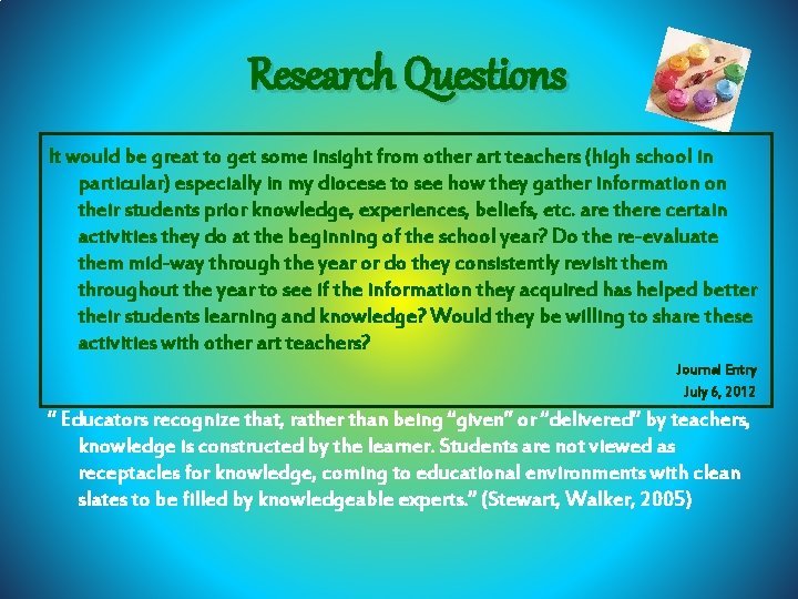 Research Questions It would be great to get some insight from other art teachers