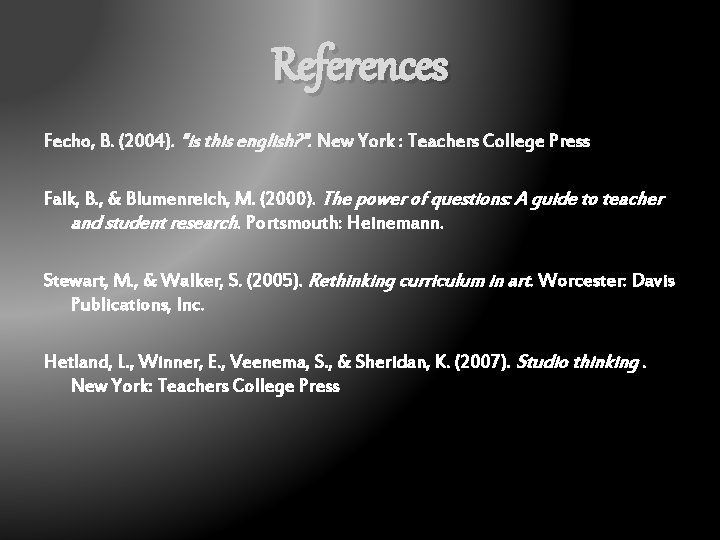 References Fecho, B. (2004). "is this english? ". New York : Teachers College Press