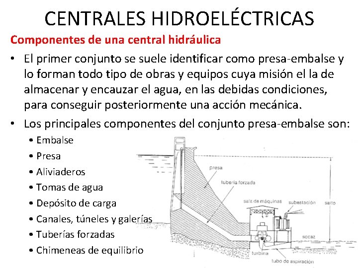 CENTRALES HIDROELÉCTRICAS Componentes de una central hidráulica • El primer conjunto se suele identificar