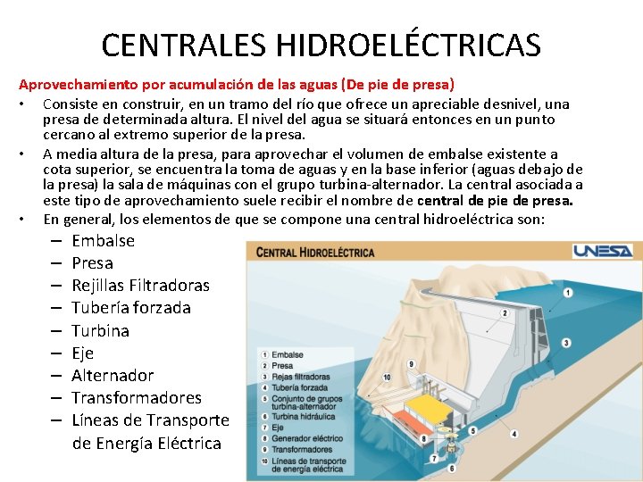 CENTRALES HIDROELÉCTRICAS Aprovechamiento por acumulación de las aguas (De pie de presa) • Consiste