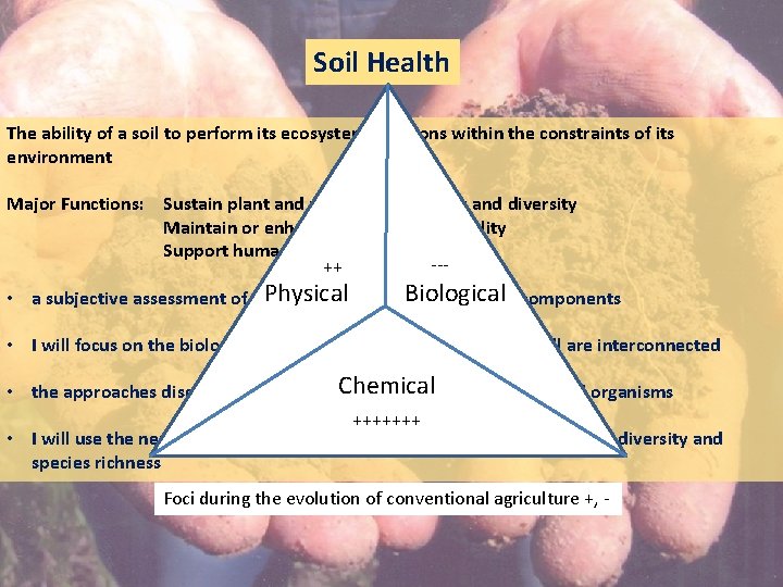 Soil Health The ability of a soil to perform its ecosystem functions within the