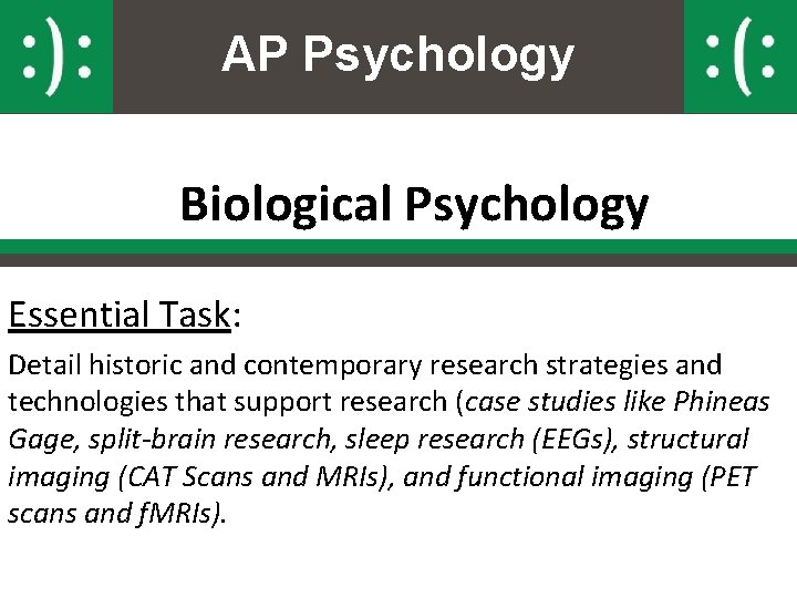 AP Psychology Biological Psychology Essential Task: Detail historic and contemporary research strategies and technologies