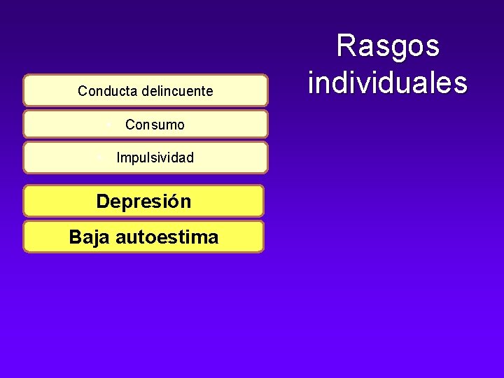 Conducta delincuente • Consumo • Impulsividad Depresión Baja autoestima Rasgos individuales 