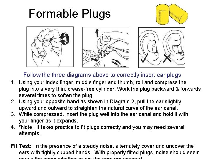 Formable Plugs Follow the three diagrams above to correctly insert ear plugs 1. Using