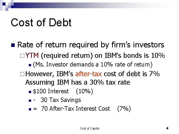Cost of Debt n Rate of return required by firm’s investors ¨ YTM n