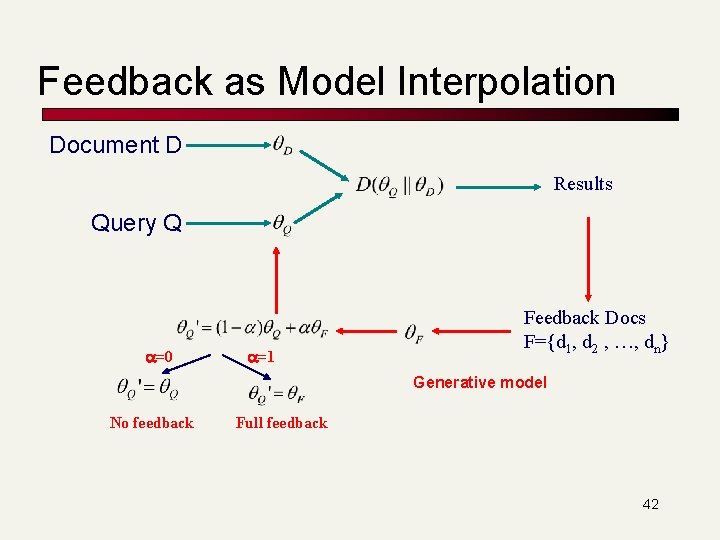 Feedback as Model Interpolation Document D Results Query Q =0 =1 Feedback Docs F={d