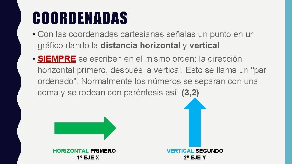 COORDENADAS • Con las coordenadas cartesianas señalas un punto en un gráfico dando la