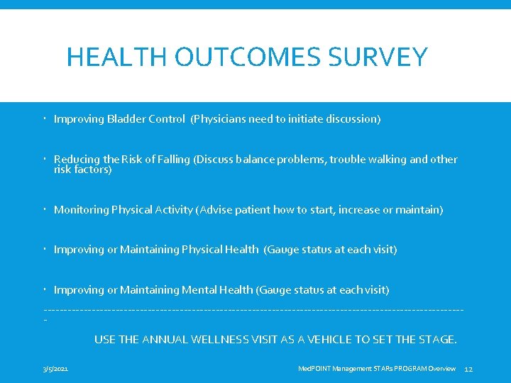 HEALTH OUTCOMES SURVEY Improving Bladder Control (Physicians need to initiate discussion) Reducing the Risk