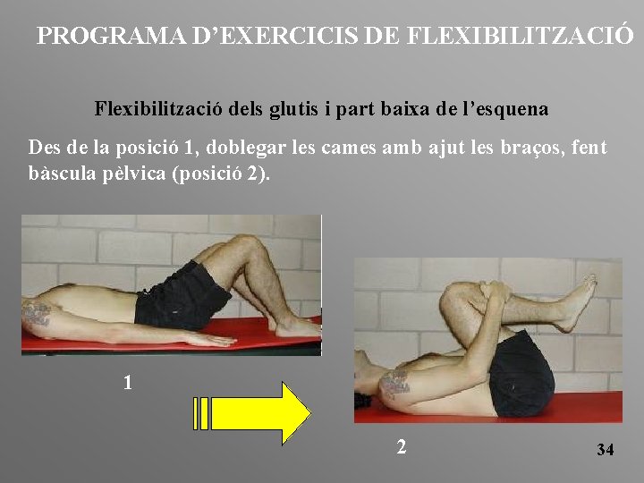PROGRAMA D’EXERCICIS DE FLEXIBILITZACIÓ Flexibilització dels glutis i part baixa de l’esquena Des de