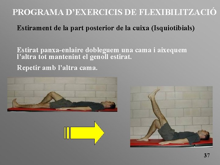 PROGRAMA D’EXERCICIS DE FLEXIBILITZACIÓ Estirament de la part posterior de la cuixa (Isquiotibials) Estirat