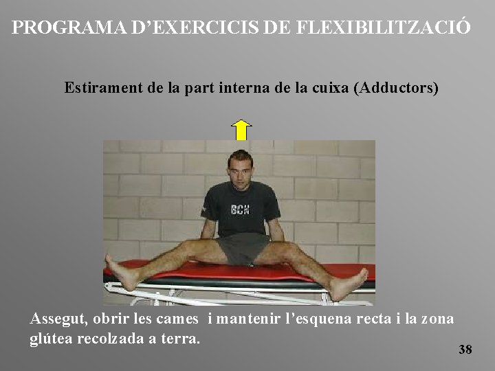 PROGRAMA D’EXERCICIS DE FLEXIBILITZACIÓ Estirament de la part interna de la cuixa (Adductors) Assegut,