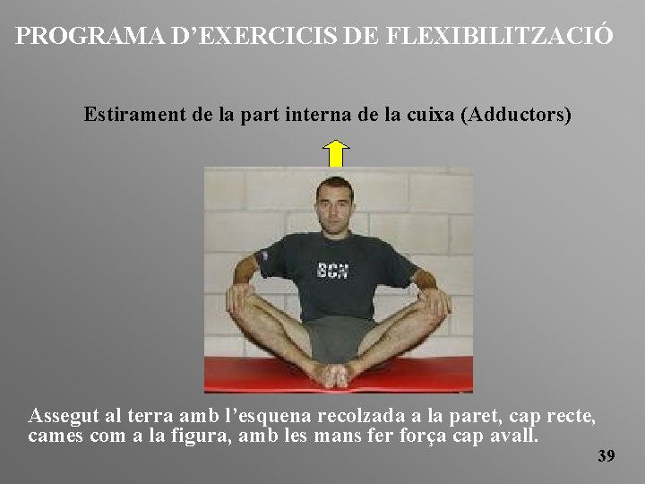 PROGRAMA D’EXERCICIS DE FLEXIBILITZACIÓ Estirament de la part interna de la cuixa (Adductors) Assegut