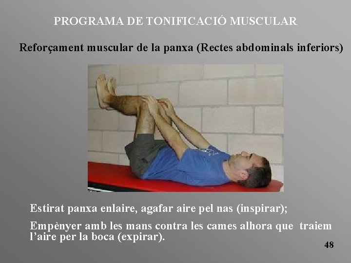 PROGRAMA DE TONIFICACIÓ MUSCULAR Reforçament muscular de la panxa (Rectes abdominals inferiors) Estirat panxa