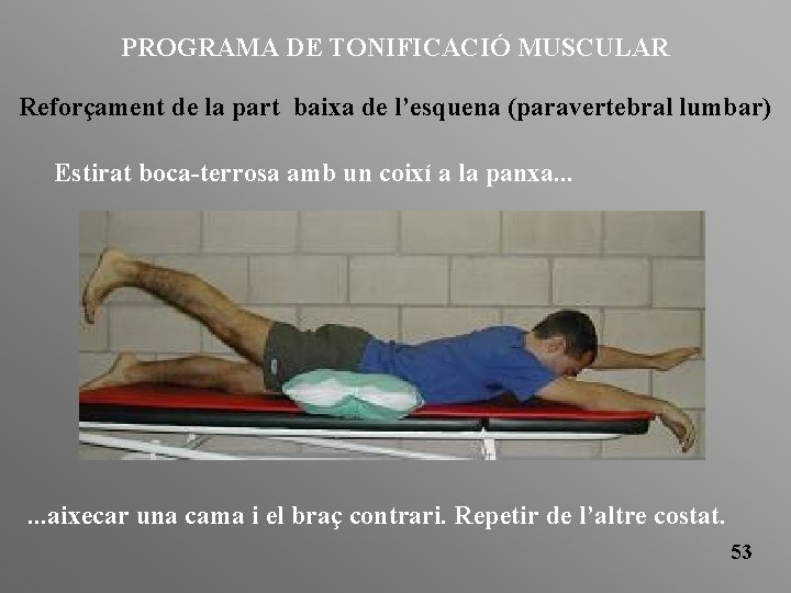 PROGRAMA DE TONIFICACIÓ MUSCULAR Reforçament de la part baixa de l’esquena (paravertebral lumbar) Estirat