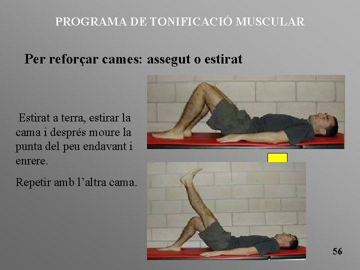 PROGRAMA DE TONIFICACIÓ MUSCULAR Per reforçar cames: assegut o estirat Estirat a terra, estirar