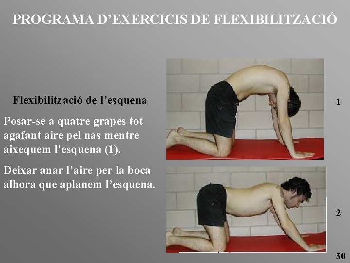 PROGRAMA D’EXERCICIS DE FLEXIBILITZACIÓ Flexibilització de l’esquena 1 Posar-se a quatre grapes tot agafant