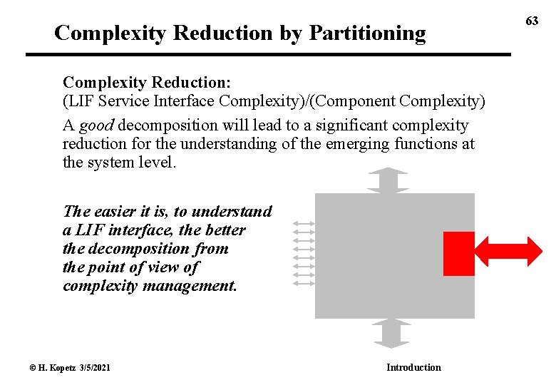 Complexity Reduction by Partitioning Complexity Reduction: (LIF Service Interface Complexity)/(Component Complexity) A good decomposition