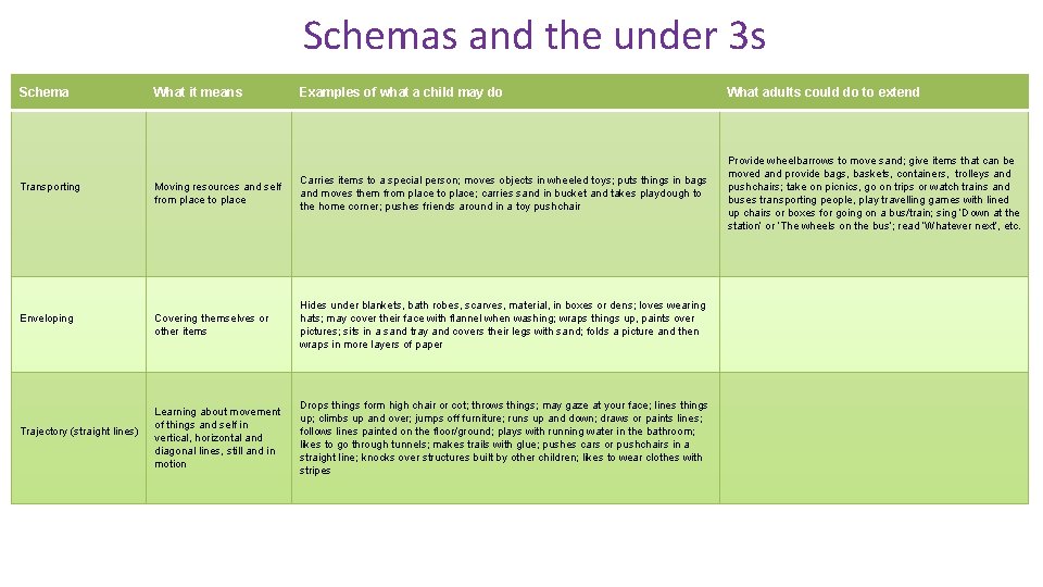 Schemas and the under 3 s Schema What it means Examples of what a