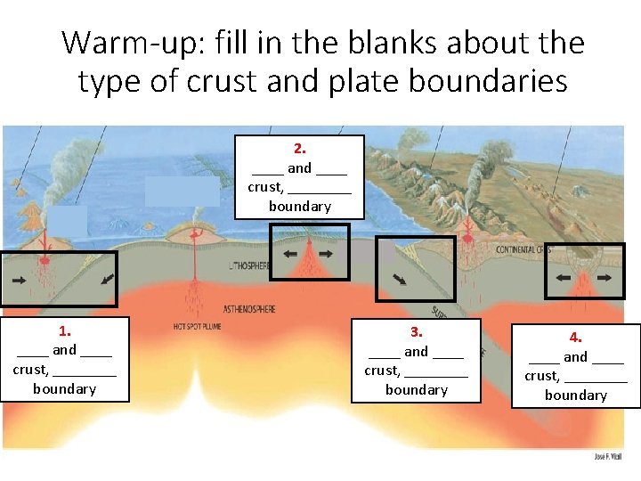 Warm-up: fill in the blanks about the type of crust and plate boundaries 2.