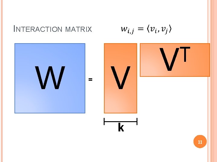 INTERACTION MATRIX W = V T V k 11 