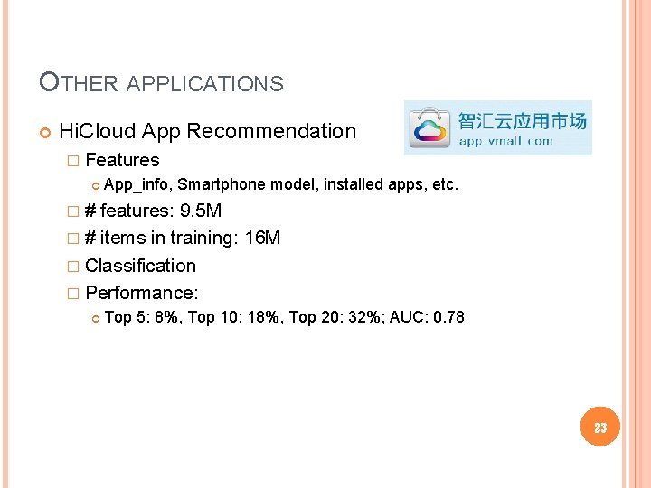 OTHER APPLICATIONS Hi. Cloud App Recommendation � Features App_info, Smartphone model, installed apps, etc.