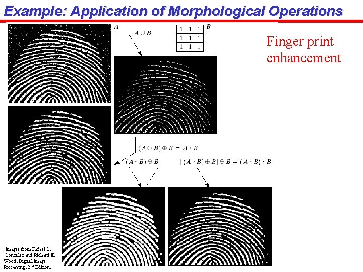Example: Application of Morphological Operations Finger print enhancement (Images from Rafael C. Gonzalez and