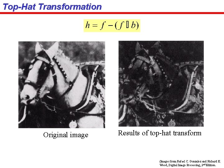 Top-Hat Transformation Original image Results of top-hat transform (Images from Rafael C. Gonzalez and