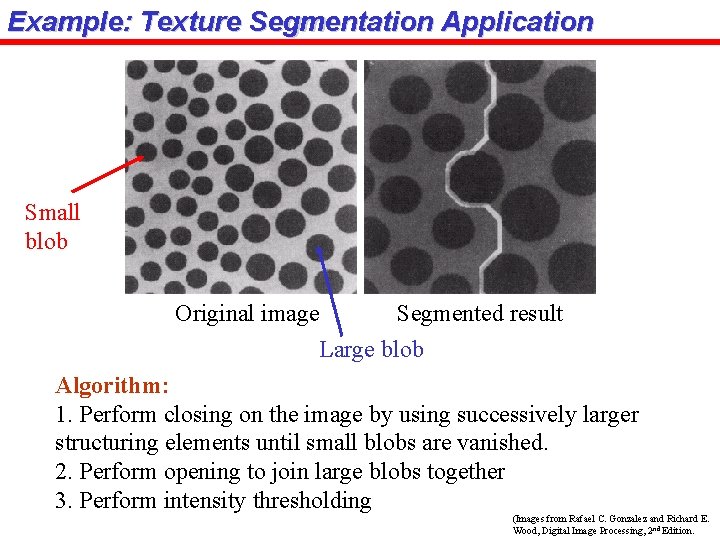 Example: Texture Segmentation Application Small blob Original image Segmented result Large blob Algorithm: 1.