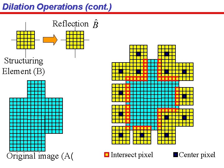 Dilation Operations (cont. ) Reflection Structuring Element (B) Original image (A( Intersect pixel Center