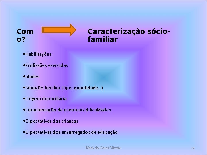 Com o? Caracterização sóciofamiliar • Habilitações • Profissões exercidas • Idades • Situação familiar Com o? Caracterização sóciofamiliar • Habilitações • Profissões exercidas • Idades • Situação familiar