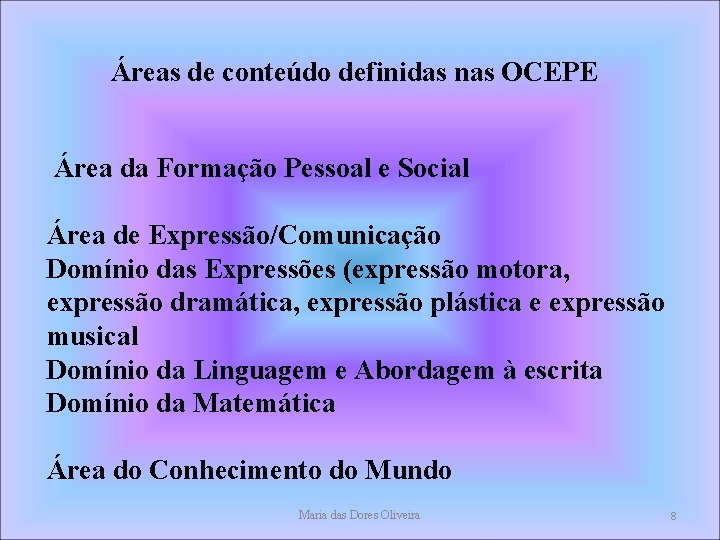 Áreas de conteúdo definidas nas OCEPE Área da Formação Pessoal e Social Área de Áreas de conteúdo definidas nas OCEPE Área da Formação Pessoal e Social Área de