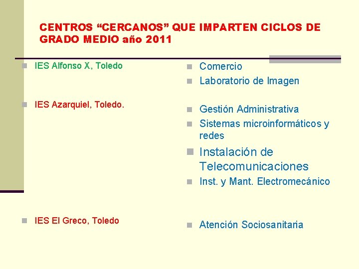 CENTROS “CERCANOS” QUE IMPARTEN CICLOS DE GRADO MEDIO año 2011 n IES Alfonso X,