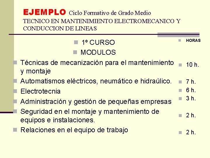 EJEMPLO Ciclo Formativo de Grado Medio TECNICO EN MANTENIMIENTO ELECTROMECANICO Y CONDUCCION DE LINEAS