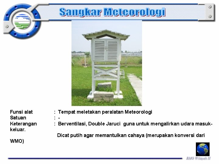 Funsi alat Satuan Keterangan keluar. : Tempat meletakan peralatan Meteorologi : : Berventilasi, Double