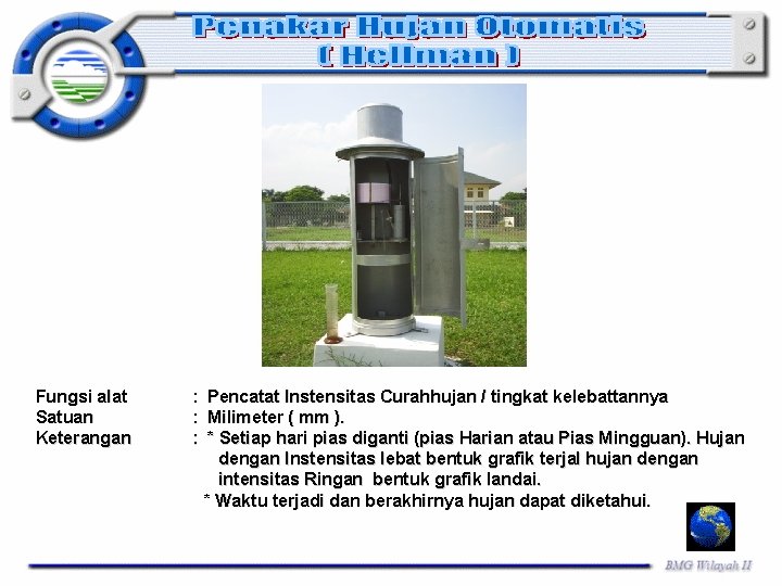Fungsi alat Satuan Keterangan : Pencatat Instensitas Curahhujan / tingkat kelebattannya : Milimeter ( Fungsi alat Satuan Keterangan : Pencatat Instensitas Curahhujan / tingkat kelebattannya : Milimeter (