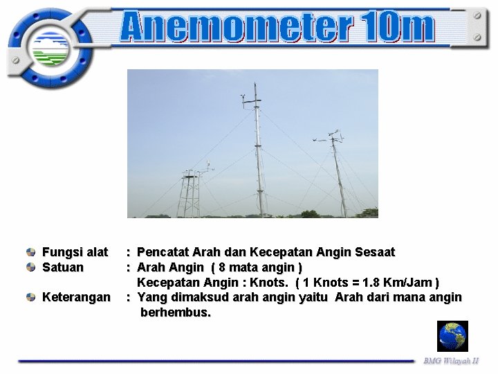 Fungsi alat Satuan Keterangan : Pencatat Arah dan Kecepatan Angin Sesaat : Arah Angin