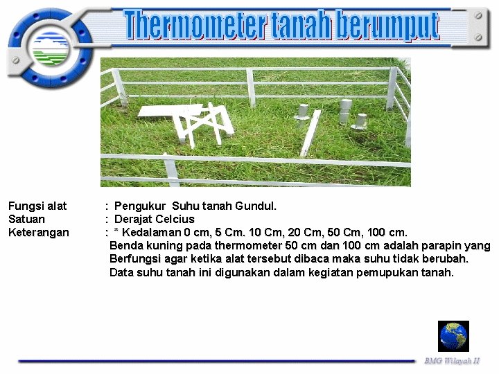 Fungsi alat Satuan Keterangan : Pengukur Suhu tanah Gundul. : Derajat Celcius : *