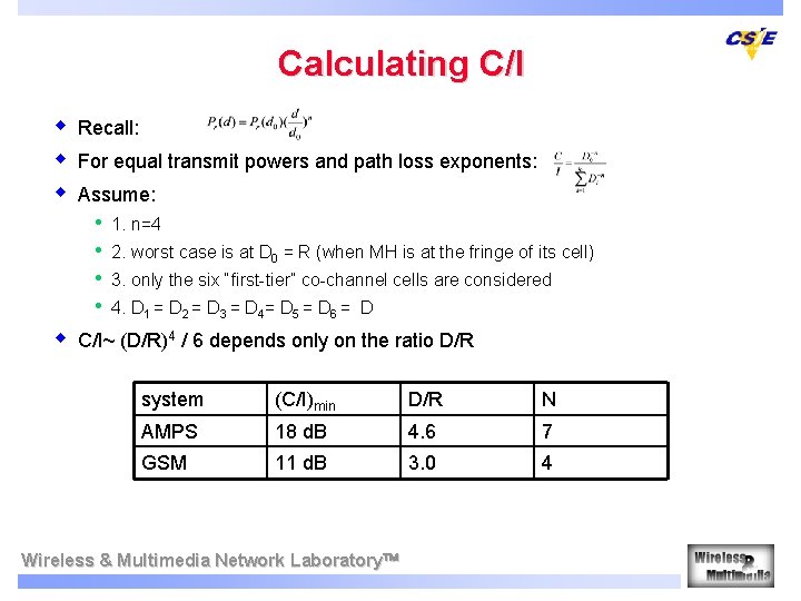 Calculating C/I w w w Recall: For equal transmit powers and path loss exponents: