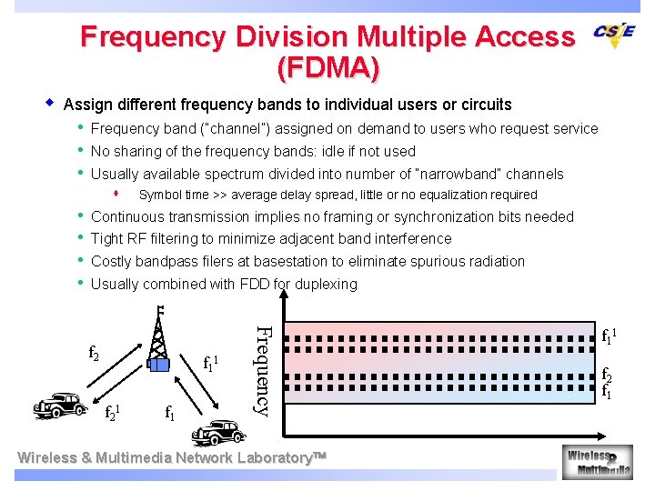 Frequency Division Multiple Access (FDMA) w Assign different frequency bands to individual users or