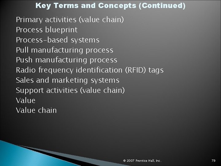 Key Terms and Concepts (Continued) Primary activities (value chain) Process blueprint Process-based systems Pull