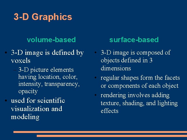3 -D Graphics volume-based • 3 -D image is defined by voxels – 3