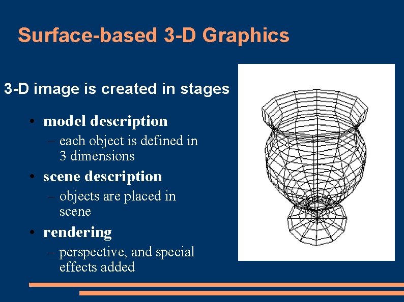 Surface-based 3 -D Graphics 3 -D image is created in stages • model description