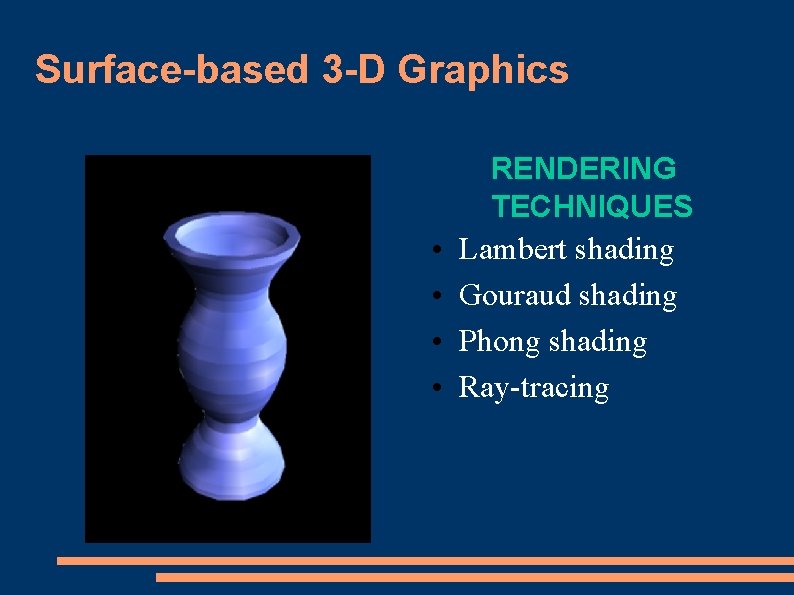 Surface-based 3 -D Graphics • • RENDERING TECHNIQUES Lambert shading Gouraud shading Phong shading