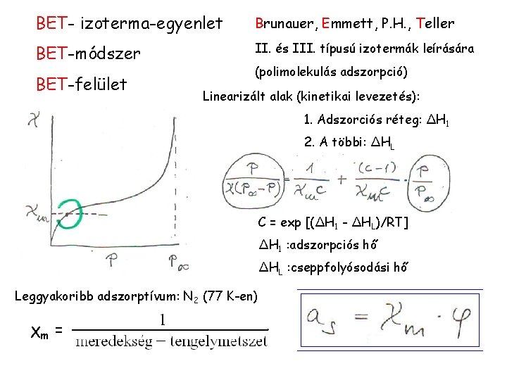 BET- izoterma-egyenlet Brunauer, Emmett, P. H. , Teller BET-módszer II. és III. típusú izotermák