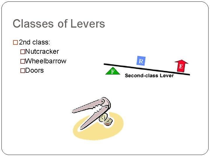 Classes of Levers � 2 nd class: �Nutcracker �Wheelbarrow �Doors 