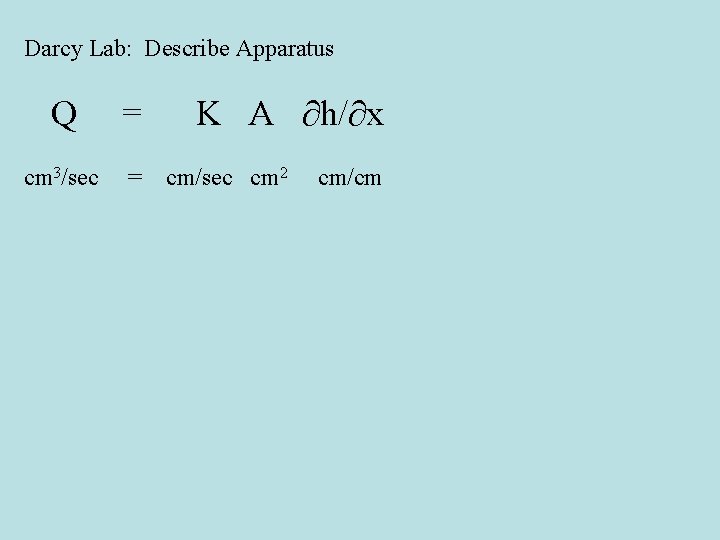 Darcy Lab: Describe Apparatus Q = cm 3/sec = K A ∂h/∂x cm/sec cm