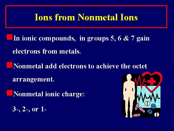 Ions from Nonmetal Ions n. In ionic compounds, in groups 5, 6 & 7